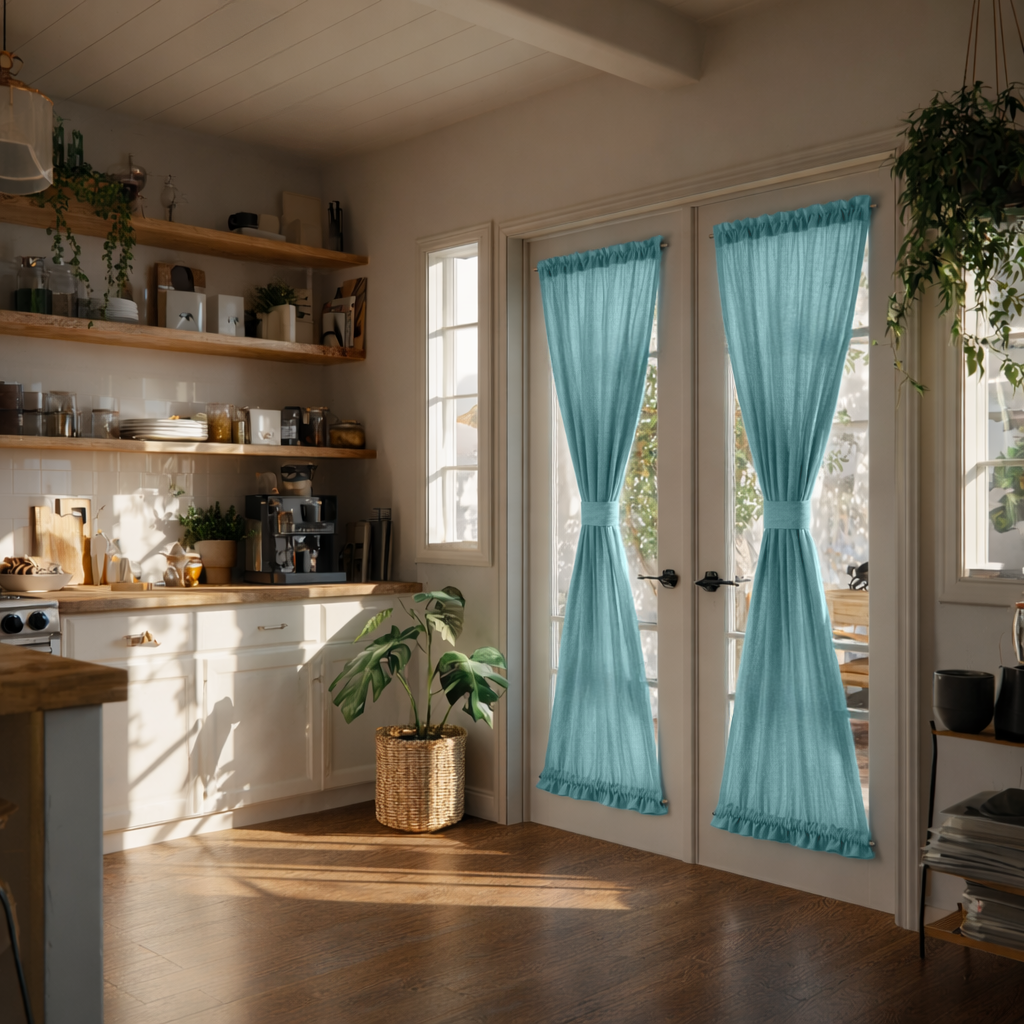 Aquamarine Blue Linen French Door Curtains