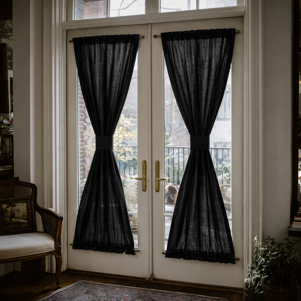 Black Linen French Door Curtains