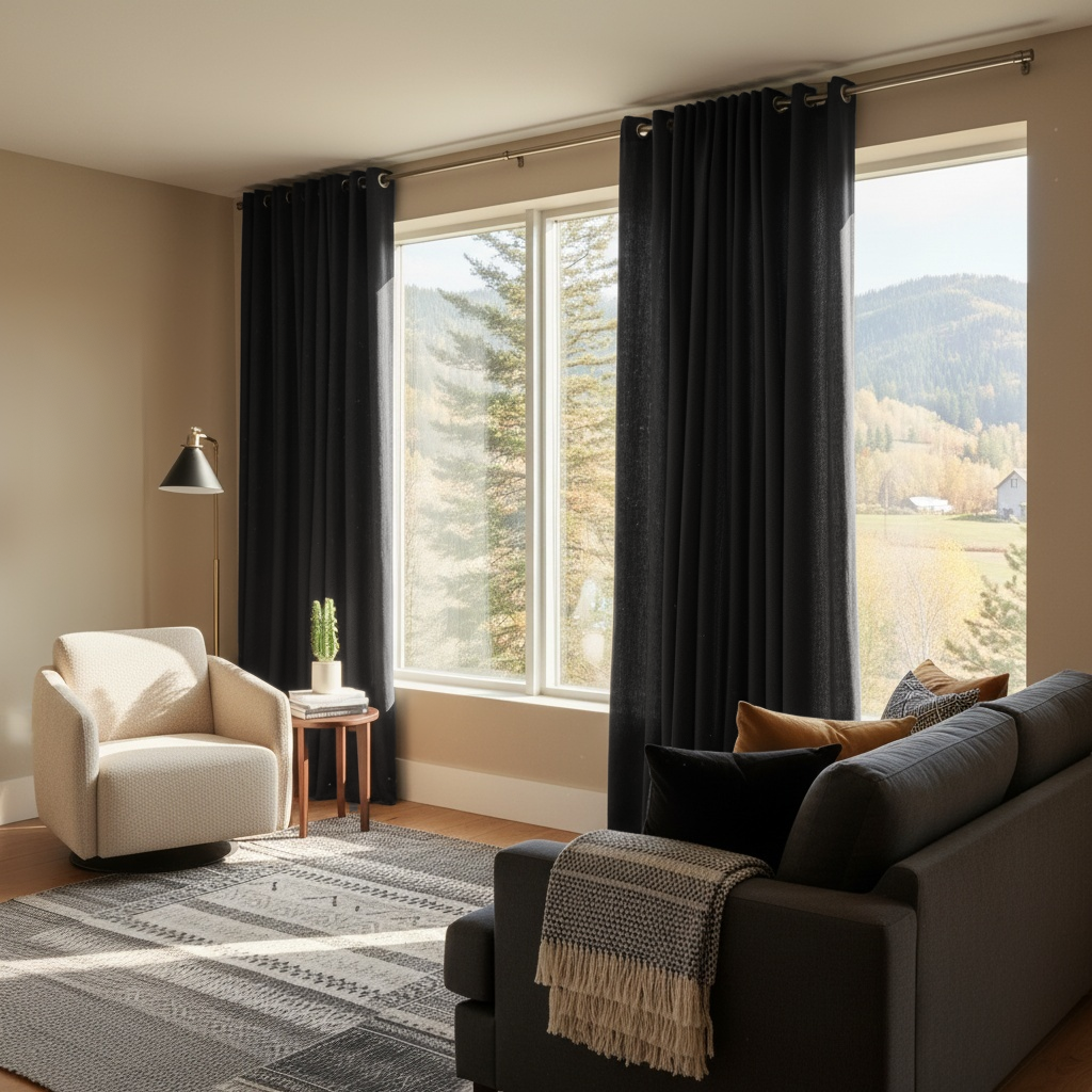 Black Linen Eyelet Curtain - Cotton Lining