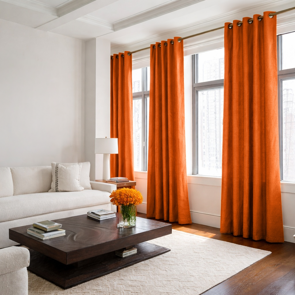 Burnt Orange Linen Eyelet Curtains - Cotton Lining