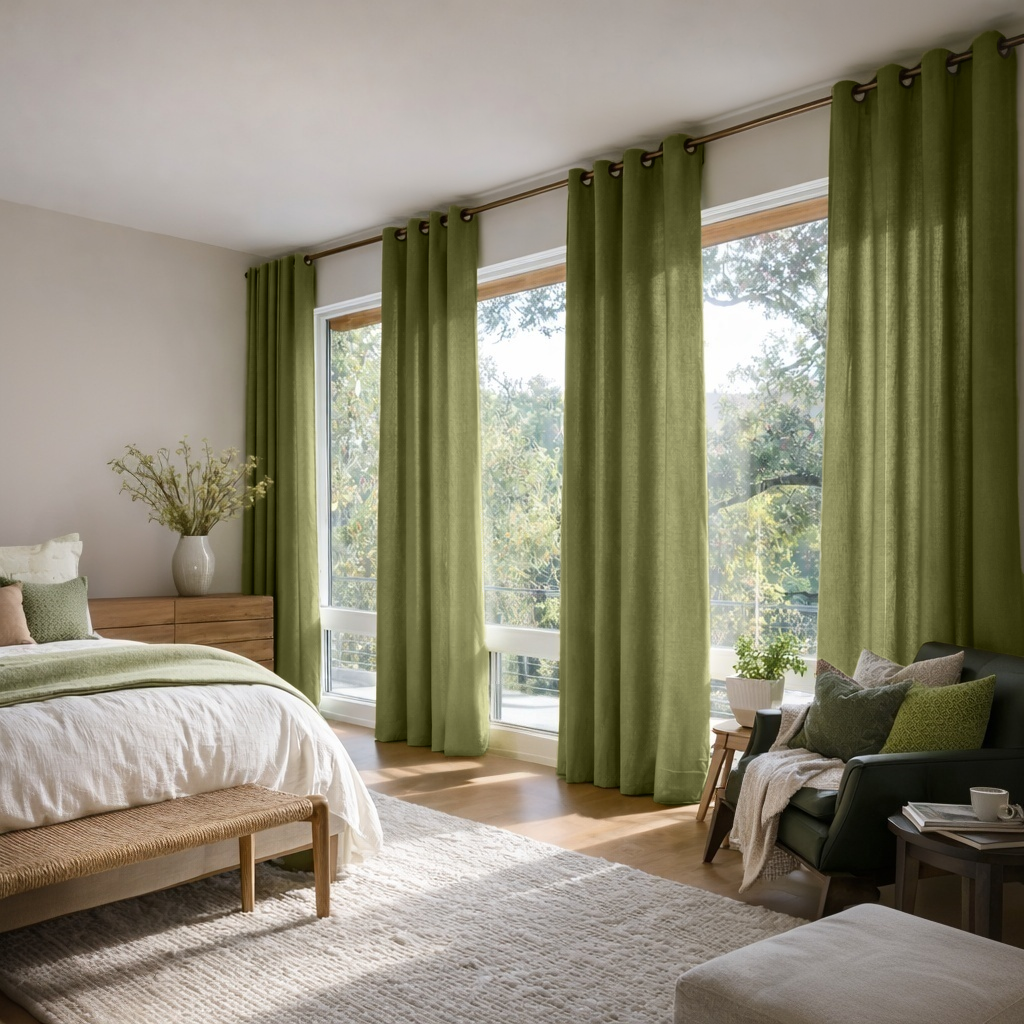 Moss Green Linen Eyelet Curtains - Cotton Lining