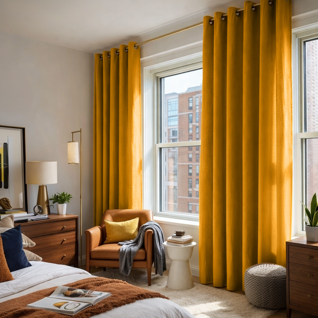 Mustard Yellow Linen Eyelet Curtains - Cotton Lining