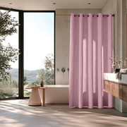 Linen Dusty Rose Hookless Shower Curtain in a Contemporary Bathroom with Beige Walls and a Panoramic Window