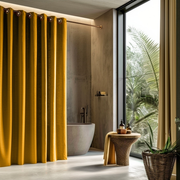 Linen Hookless Shower Curtain Mustard Yellow in a Modern Bathroom