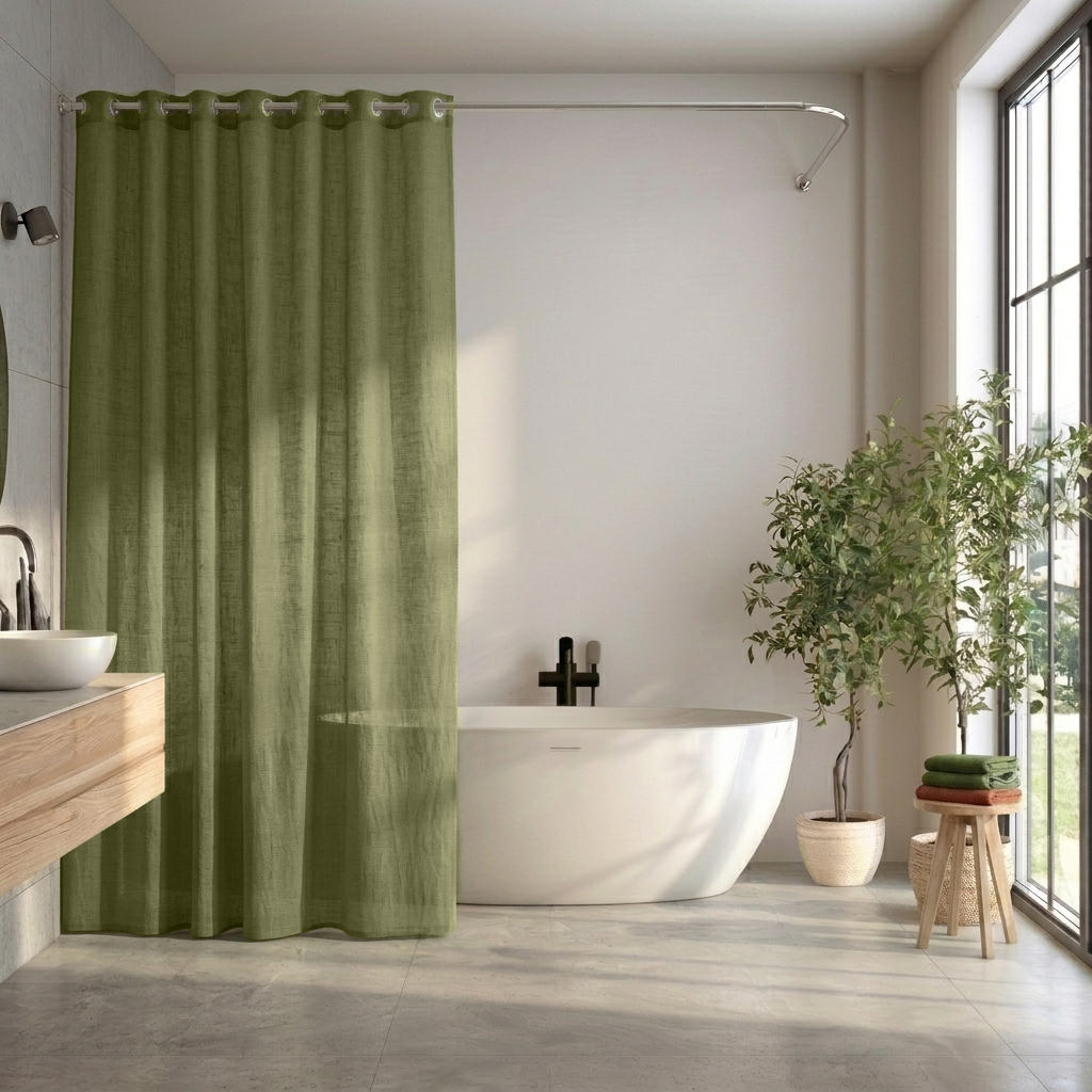 Linen Hookless Shower Curtain Olive Green in a Contemporary Bathroom with Neutral Walls