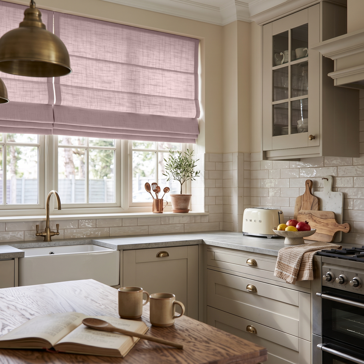 Dusty Pink Linen Roman Blinds in a Cozy Classic Kitchen with Cream Cabinetry