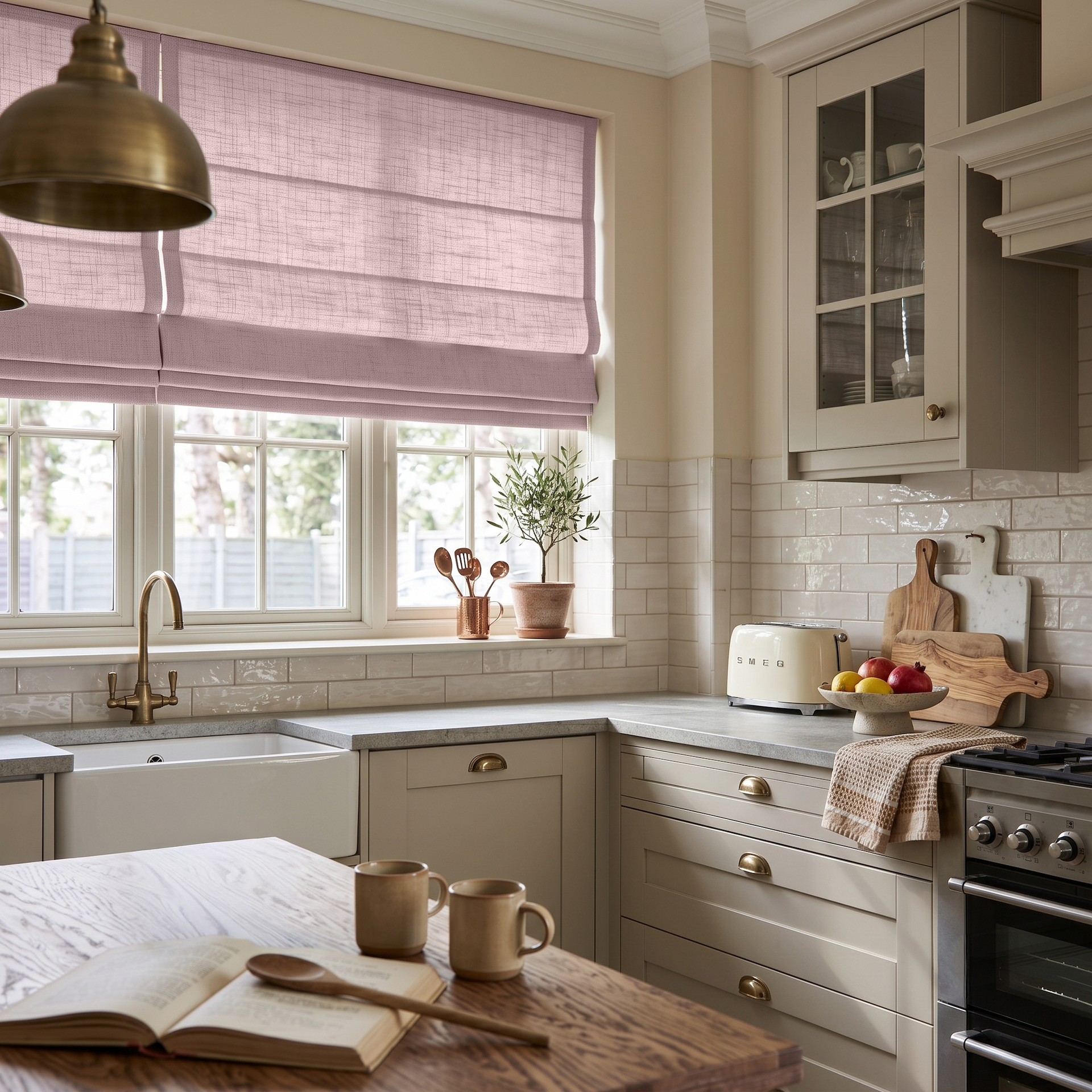 Dusty Pink Linen Roman Blinds in a Cozy Classic Kitchen with Cream Cabinetry
