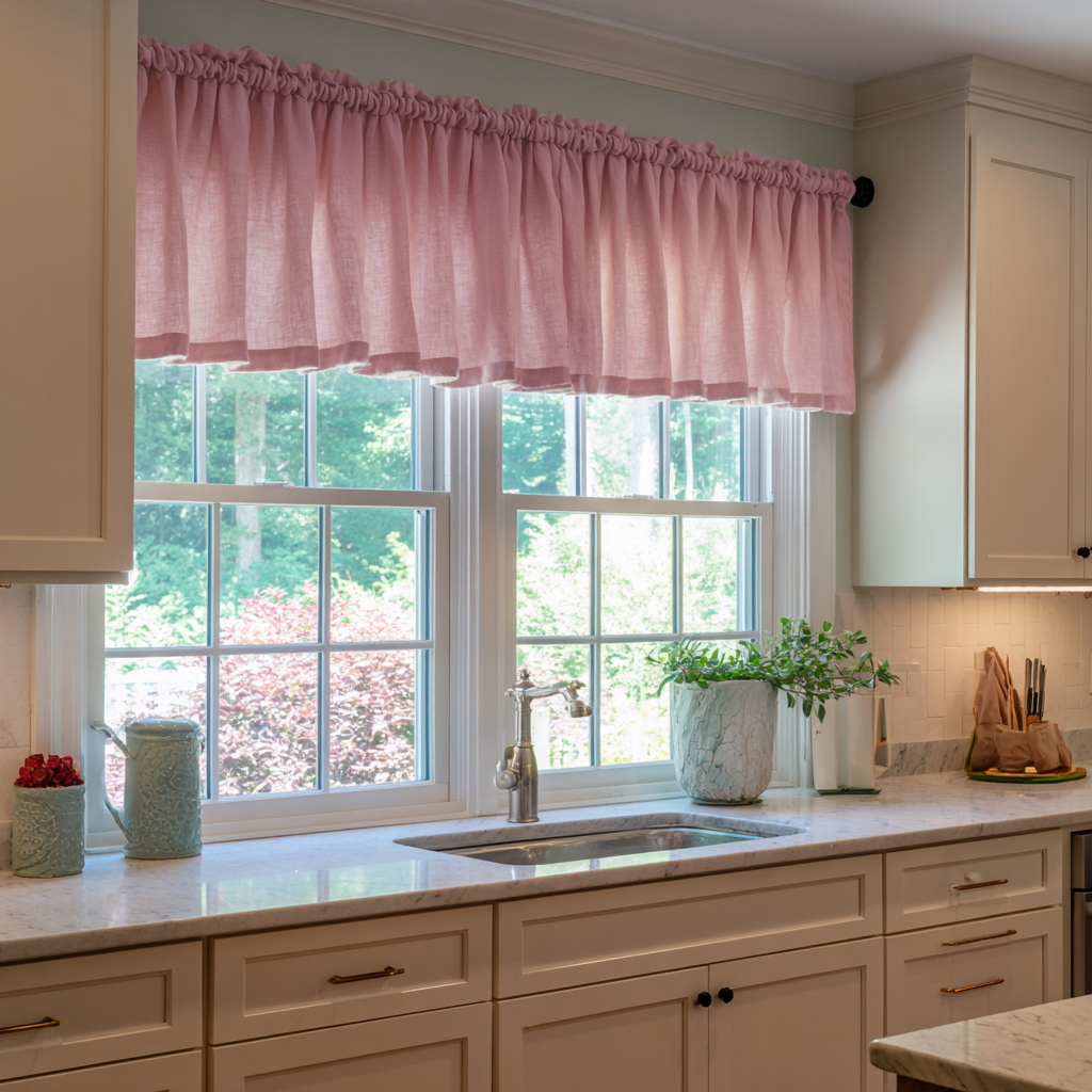 Dusty Rose Linen Kitchen Valance - Cotton Lining