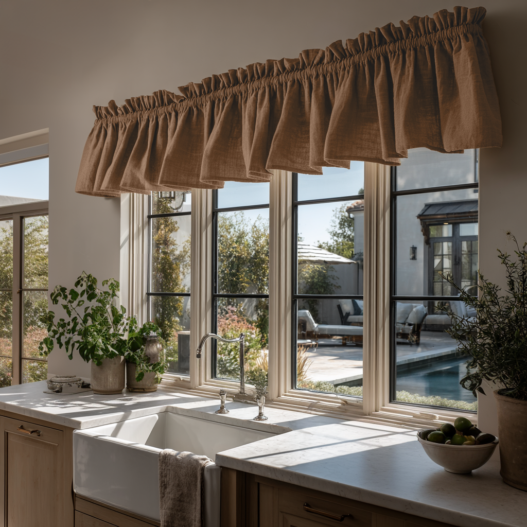 Tawny Brown Linen Kitchen Valance - Cotton Lining
