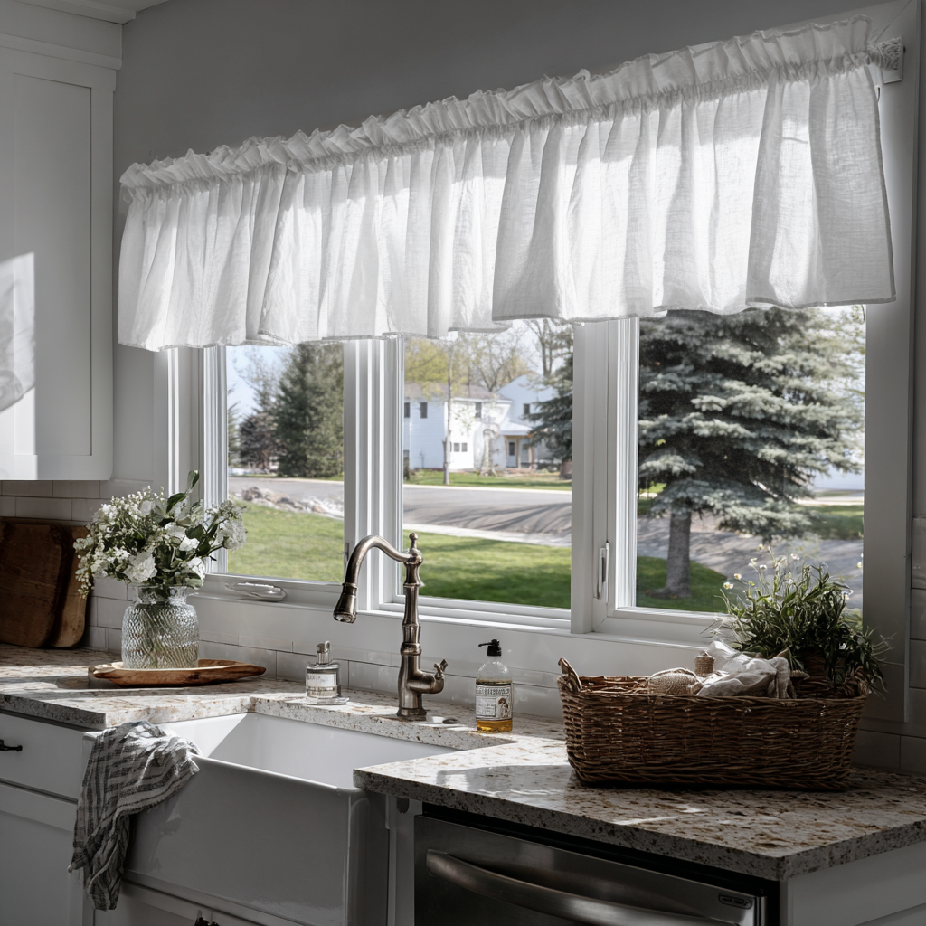 Country Style White Linen Valance – Rustic Farmhouse Kitchen Curtains ...