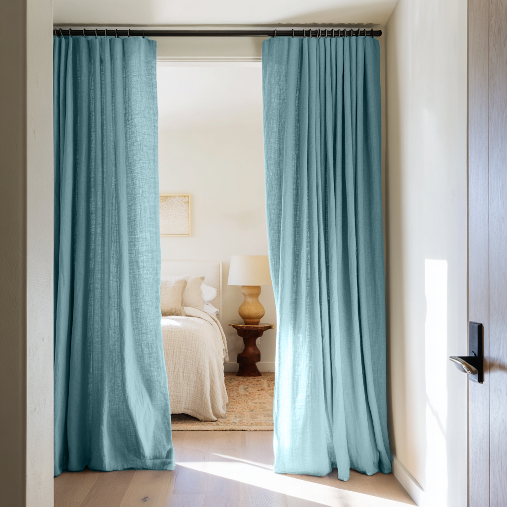 Aquamarine Blue Linen Doorway Curtains with Multitape