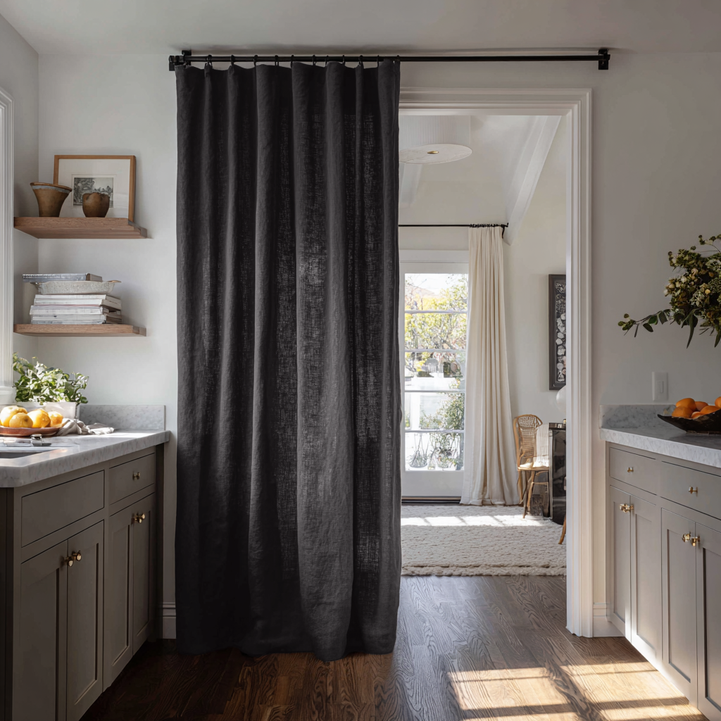 Charcoal Grey Linen Doorway Curtains with Multitape