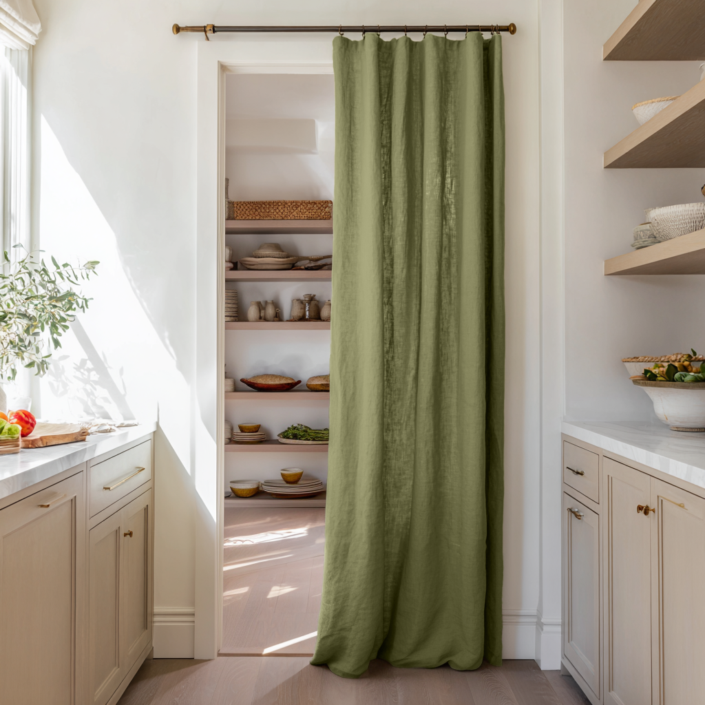 Olive Green Linen Doorway Curtain with Multitape