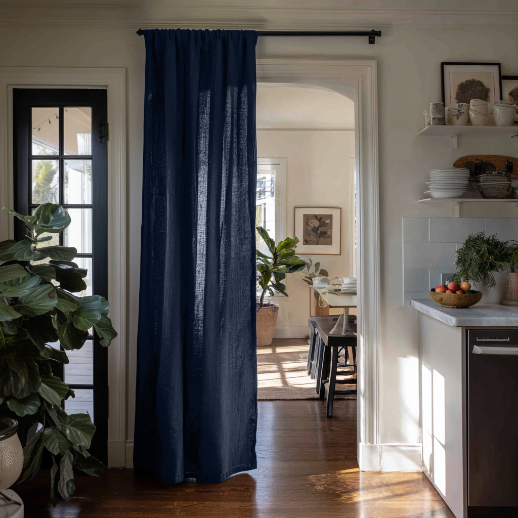 Royal Blue Linen Doorway Curtain with Multitape