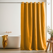 Linen Mustard Yellow Hookless Shower Curtain in a Modern Bathroom with White Walls