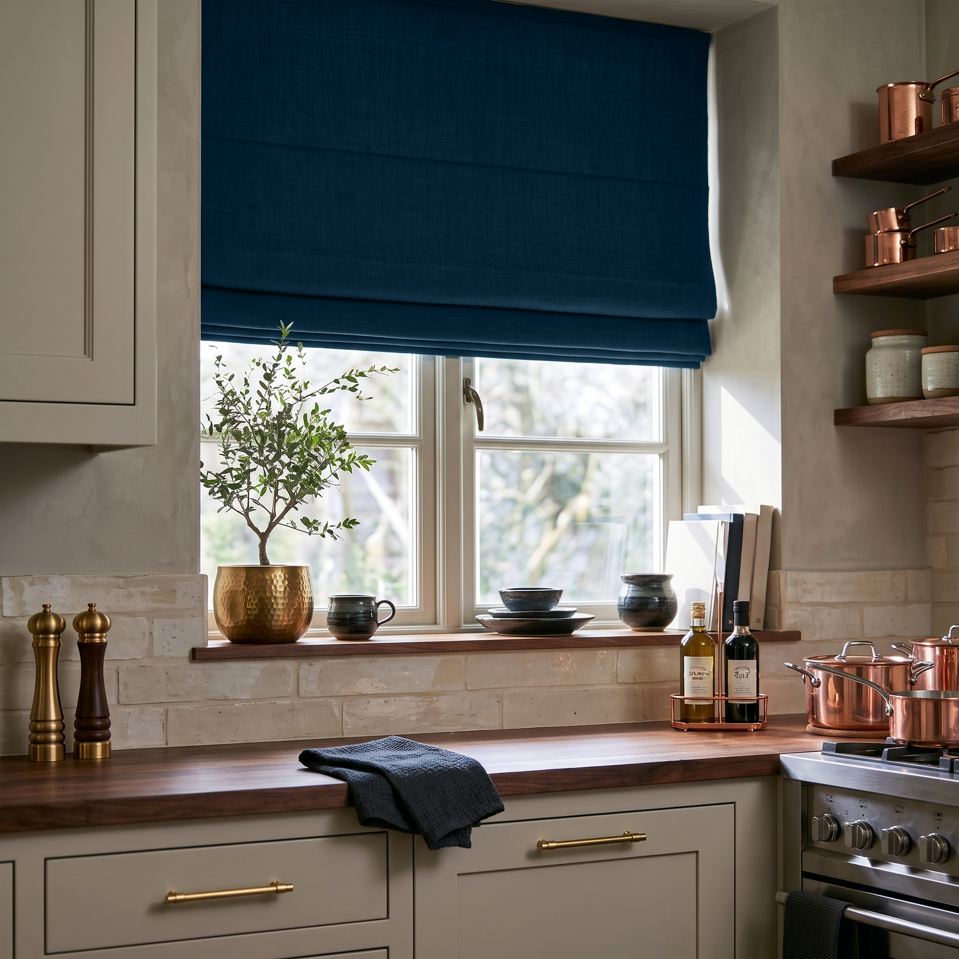 Peacock Blue Linen Roman Blinds in a Classic Kitchen with Cream Cabinetry - Blackout Lining