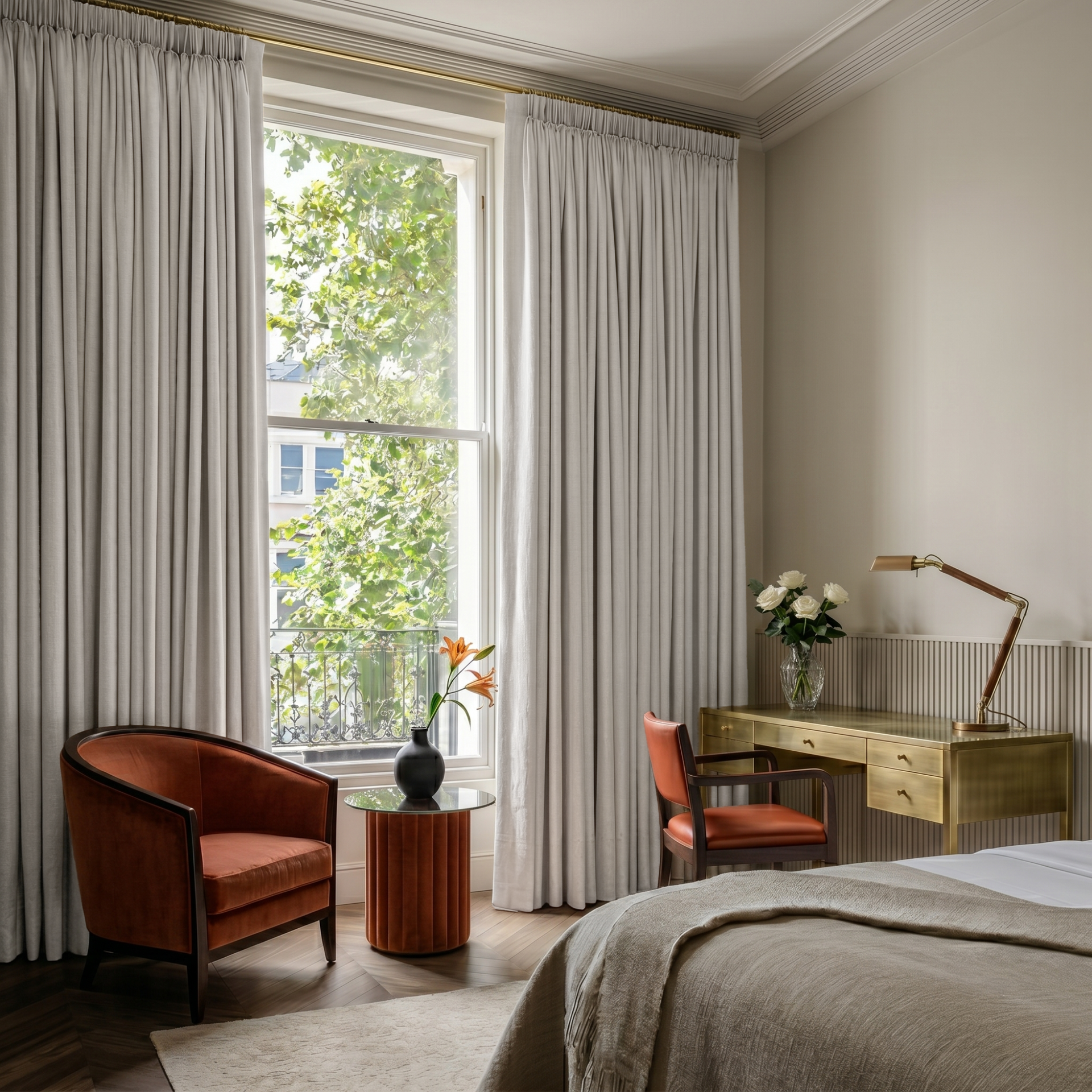Off-White Linen Pencil Pleat Curtains in an Elegant Classic Bedroom with Warm Neutrals, Brass Accents - Blackout Lining