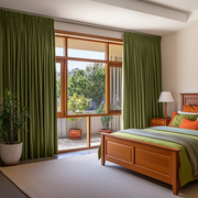 Olive Green Linen Pencil Pleat Bedroom Curtains in a Warm Neutral Bedroom with Earthy Accents - Blackout Lining