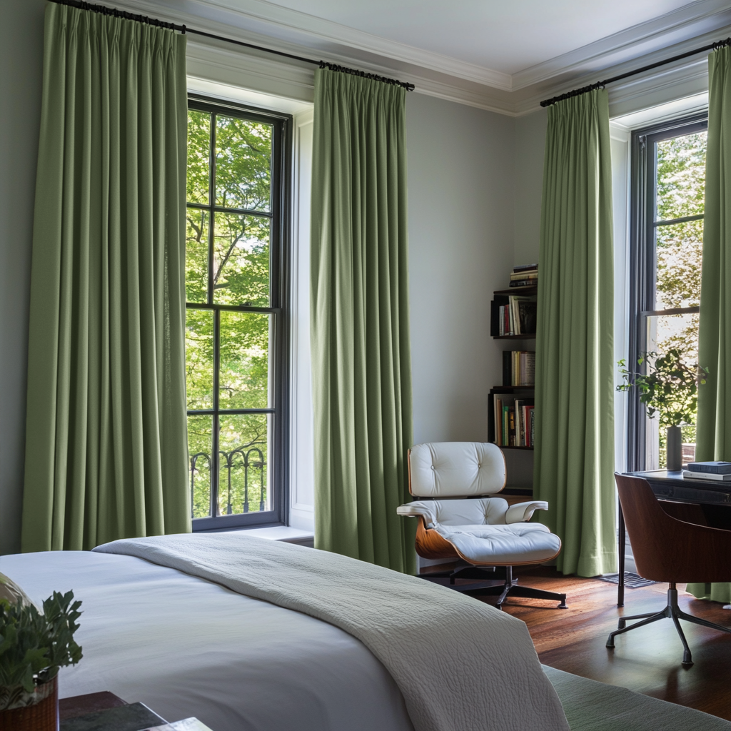 Asparagus Green Linen Pencil Pleat Curtains in a Classic Bedroom with Mid-Century Details - Cotton Lining