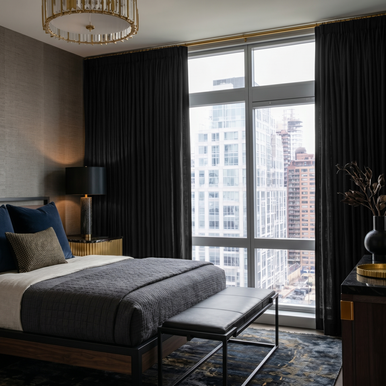 Black Linen Pencil Pleat Curtains in a Dark Taupe Bedroom with Gold Details - Cotton Lining