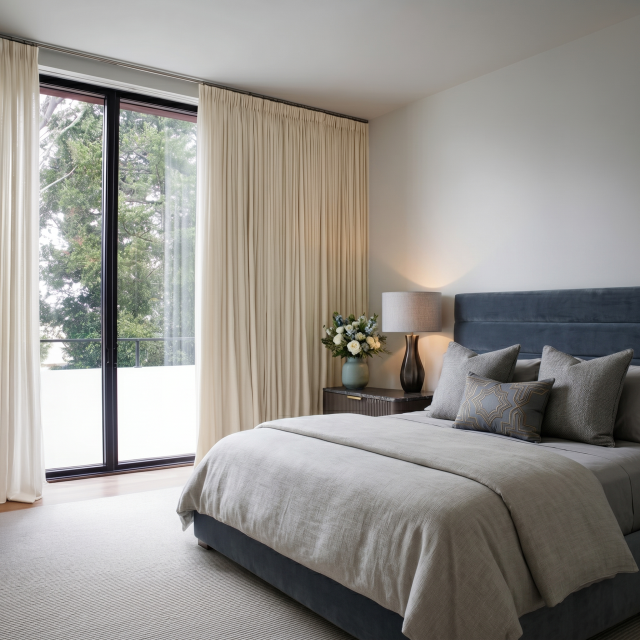 Cream Linen Pencil Pleat Curtains in a Calm Minimal Bedroom with Layered Textures