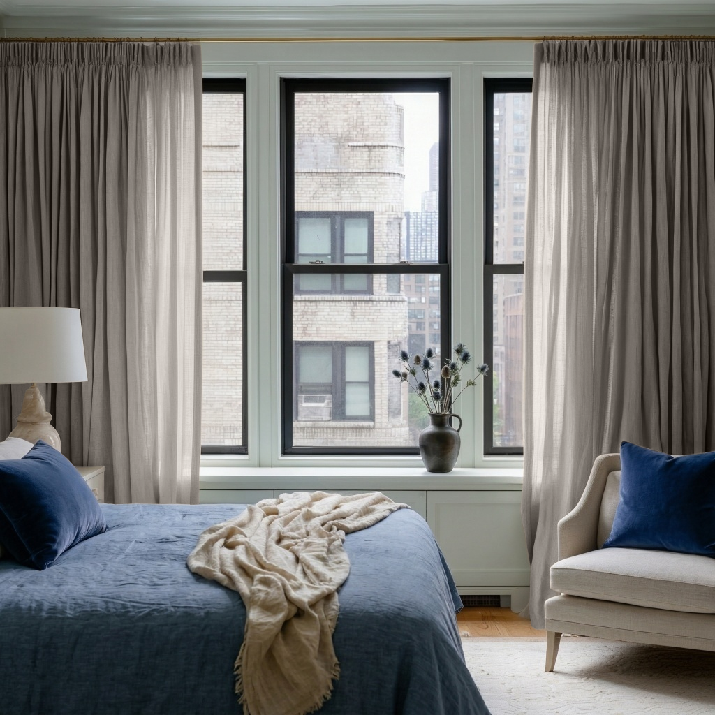 Natural Linen Pencil Pleat Curtains in a Bright Bedroom with Blue Textiles