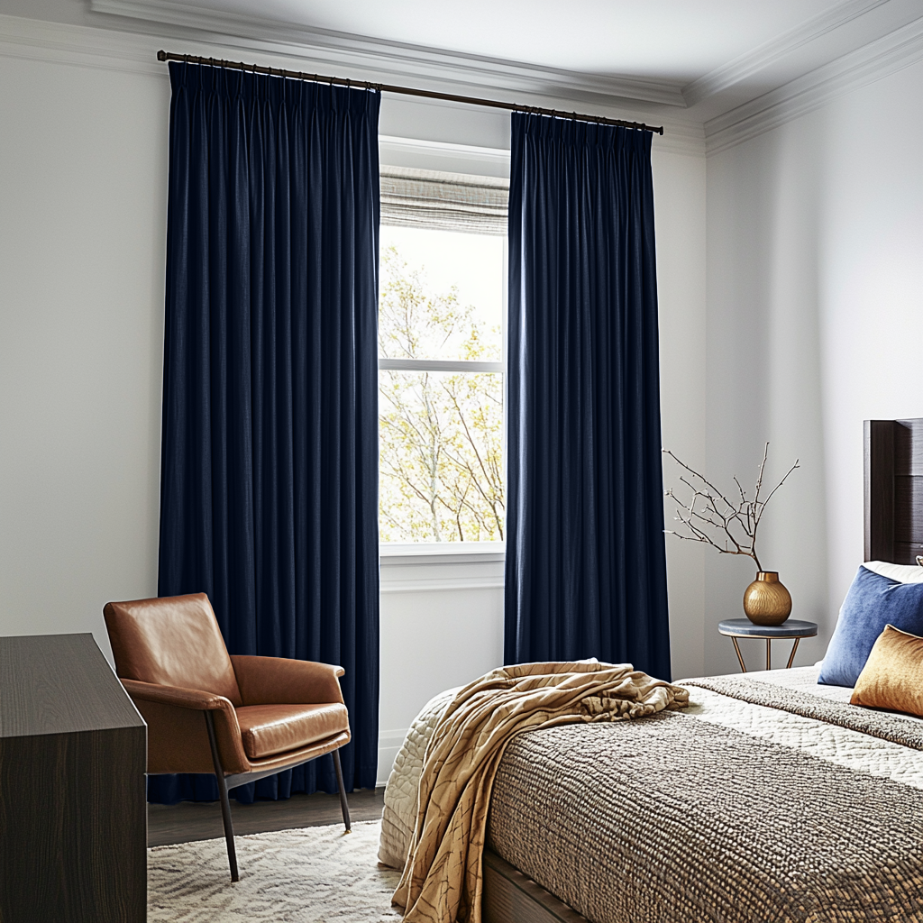 Royal Blue Linen Pencil Pleat Curtains in a Soft White Bedroom with Natural Textures - Cotton Lining