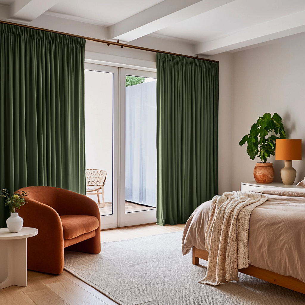 Sage Green Linen Pencil Pleat Curtains in a Modern Bedroom with Terracotta Accents - Cotton Lining