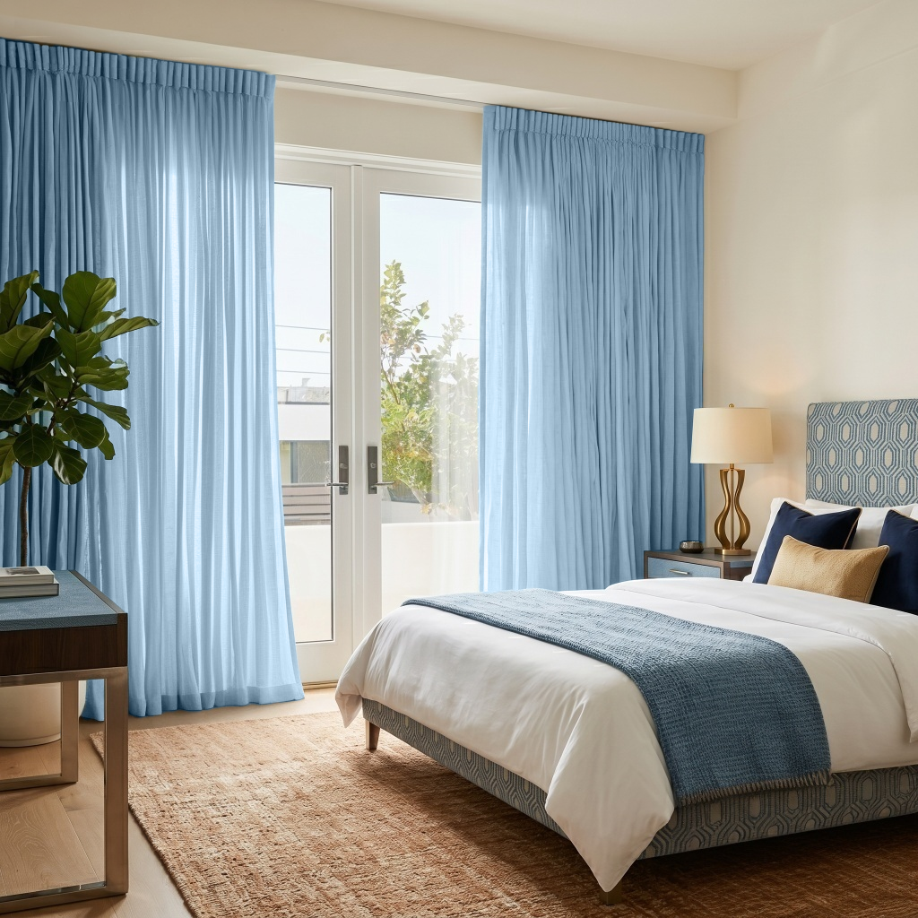 Sky Blue Linen Pencil Pleat Bedroom Curtains in a Modern Bedroom with Cream Walls and Navy Blue Accents