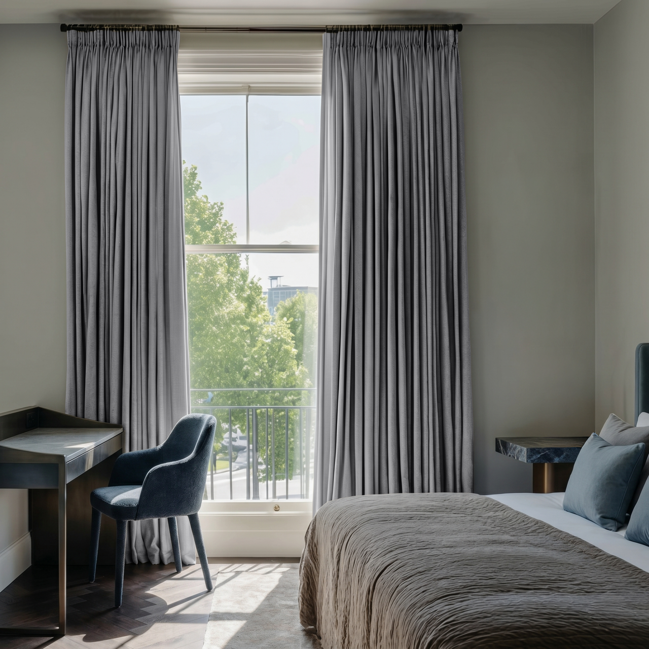 Stone Grey Linen Pencil Pleat Curtains in a Soft Sage Green Bedroom with Minimal Styling - Cotton Lining