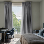 Stone Grey Linen Pencil Pleat Curtains in a Soft Sage Green Bedroom with Minimal Styling - Cotton Lining