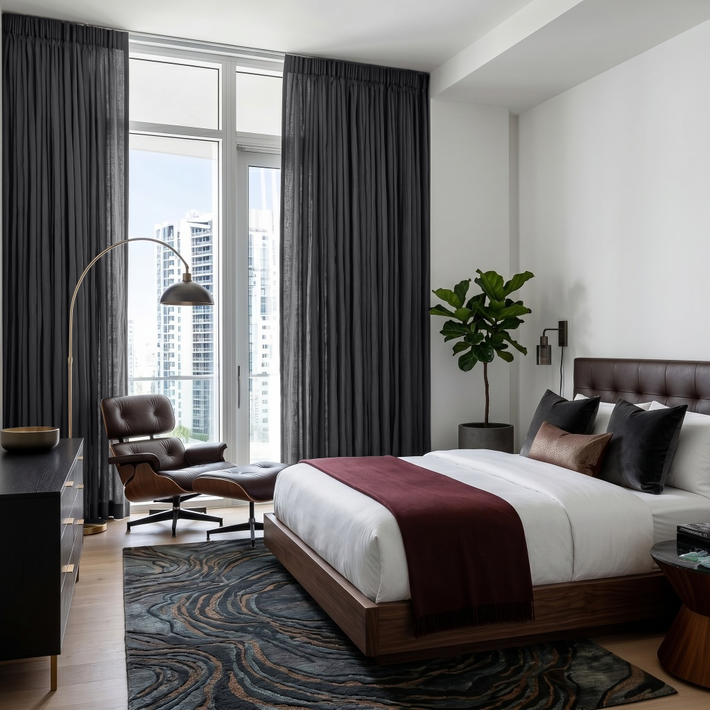 Dim Grey Linen Pencil Pleat Curtains in a Modern White Bedroom with Dark Wood Furniture