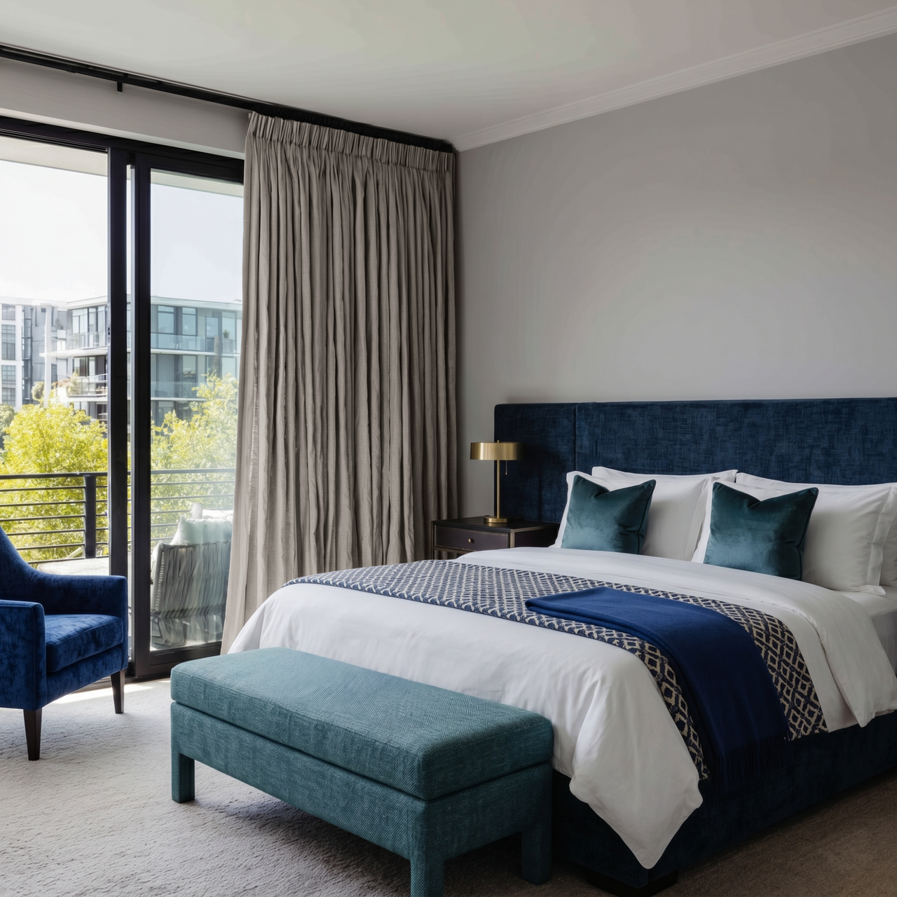 Natural Linen Pencil Pleat Curtains in a Modern Bedroom with Deep Blue Accents 