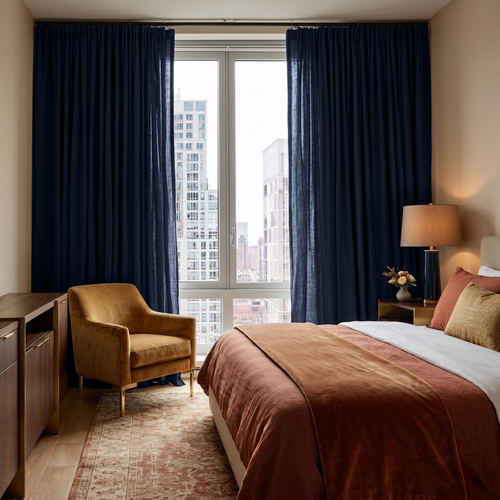 Royal Blue Linen Pencil Pleat Curtains in a Warm Beige Bedroom with Mid-Century Wood Furniture