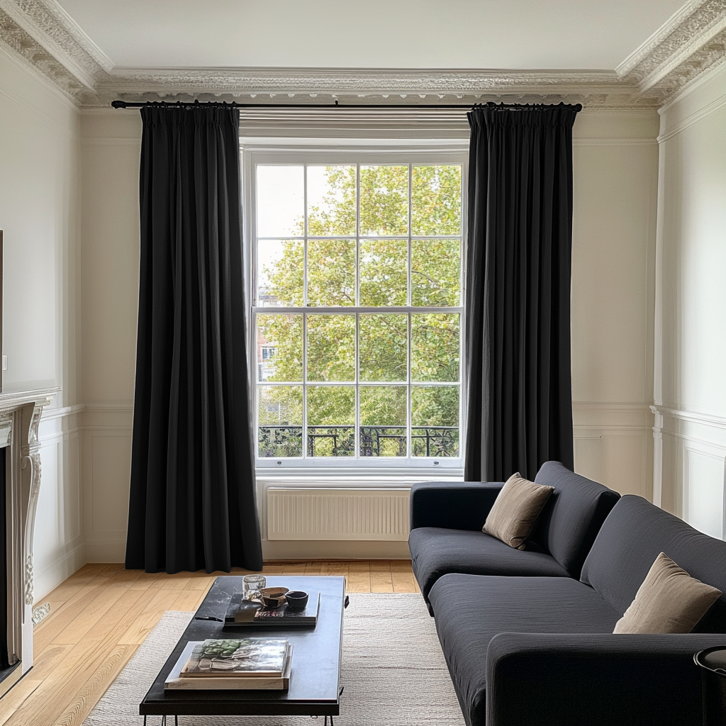 Black Linen Pencil Pleat Curtains - Cotton Lining