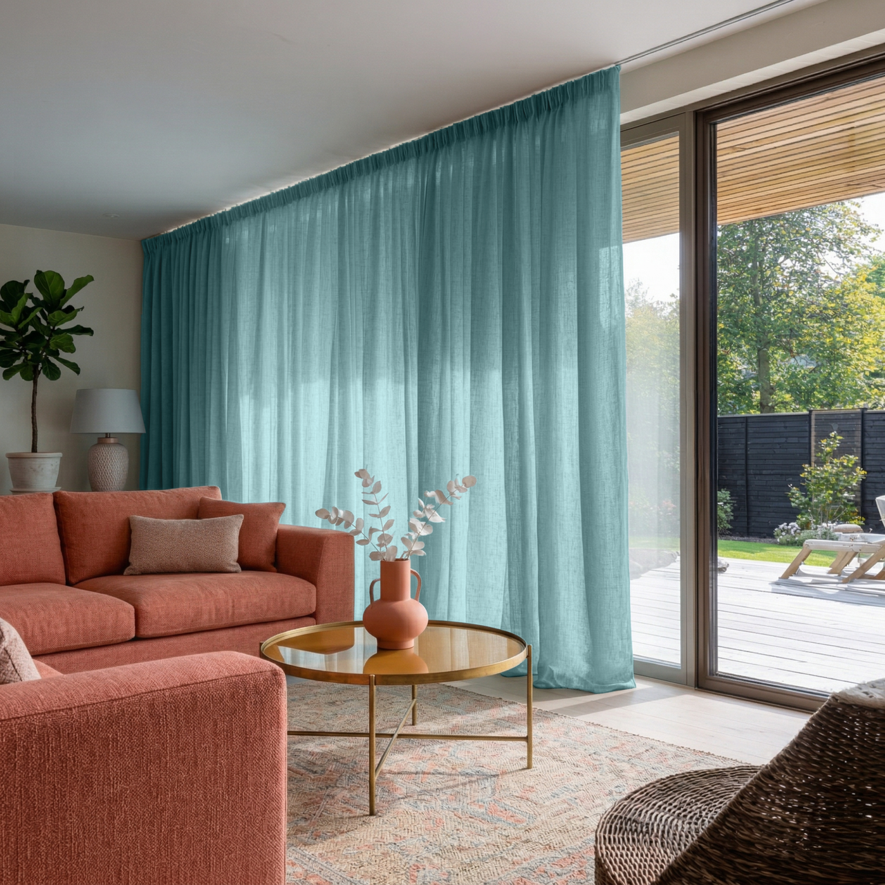 Aquamarine Blue Linen Pencil Pleat Extra Wide Curtains for Sliding Door in a Bright Living Room with Garden Views and Coral Sofa