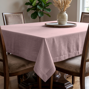 Dusty Pink Rectangular Linen Tablecloth in a Traditional Dining Room with Upholstered Chairs