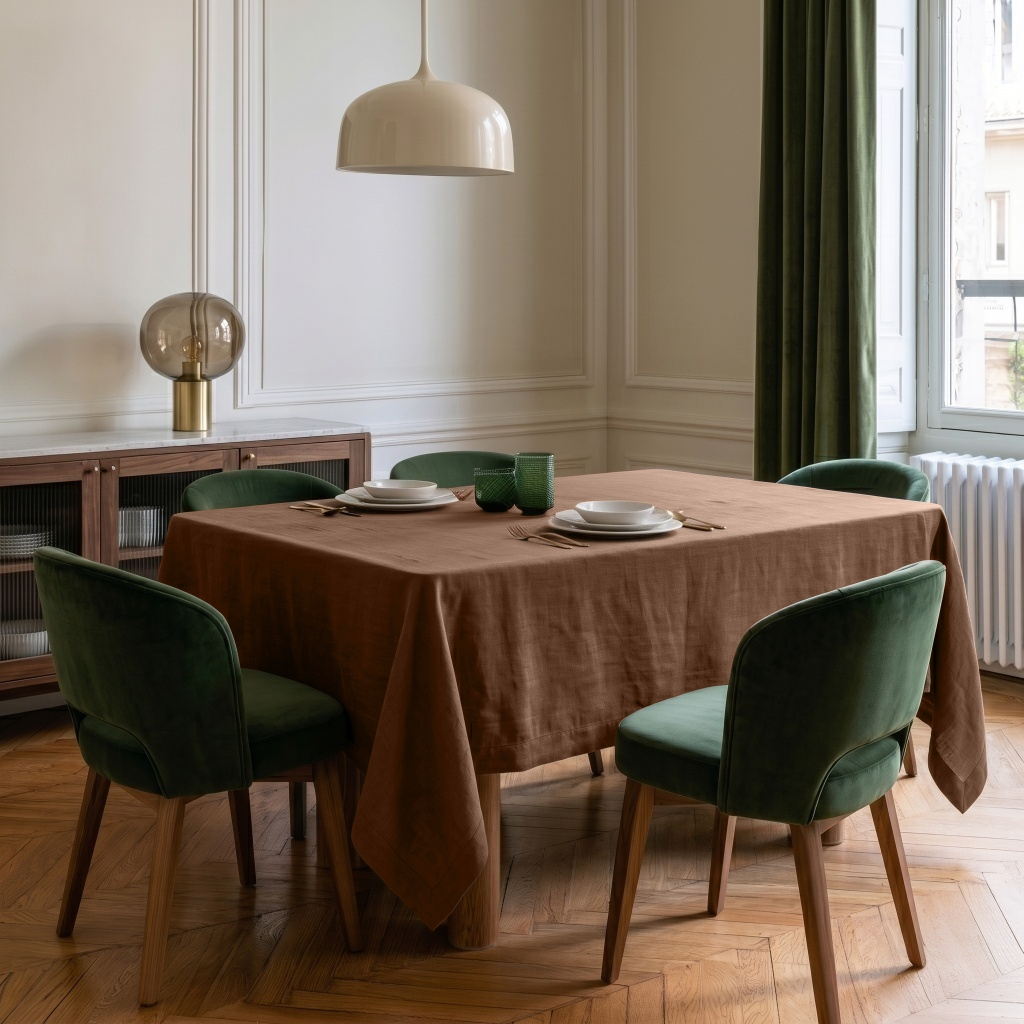 Tawny Brown Rectangular Linen Tablecloth in a Transitional Dining Room with Green Velvet Chairs and Wall Molding