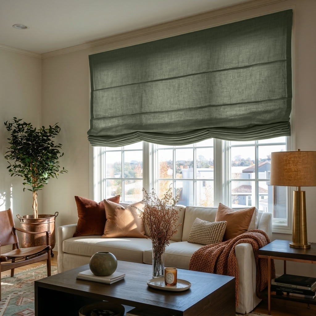 Sage Green Linen Relaxed Roman Blinds - Cotton Lining