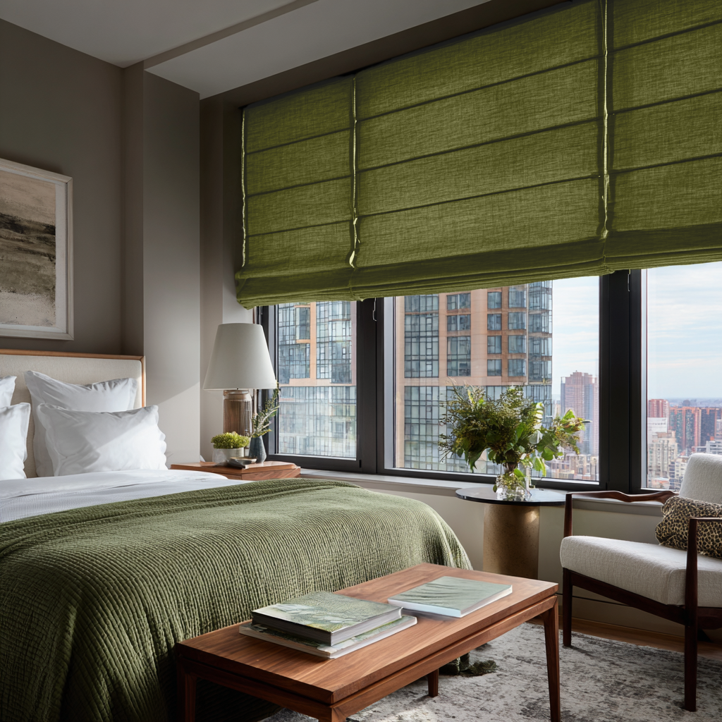 Moss Green Linen Roman Blinds - Cotton Lining