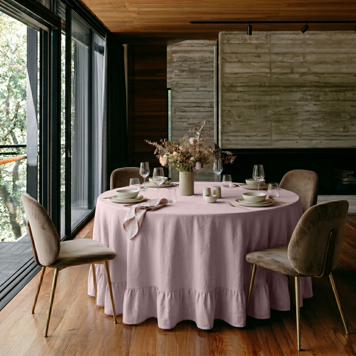 Dusty Pink Linen Round Ruffle Tablecloth in a Contemporary Dining Room with Dark Wood and Taupe Velvet Chairs