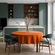 Burnt Orange Linen Round Tablecloth in a Contemporary Kitchen Dining Space with Sage Green Cabinetry and Teal Bouclé Chairs