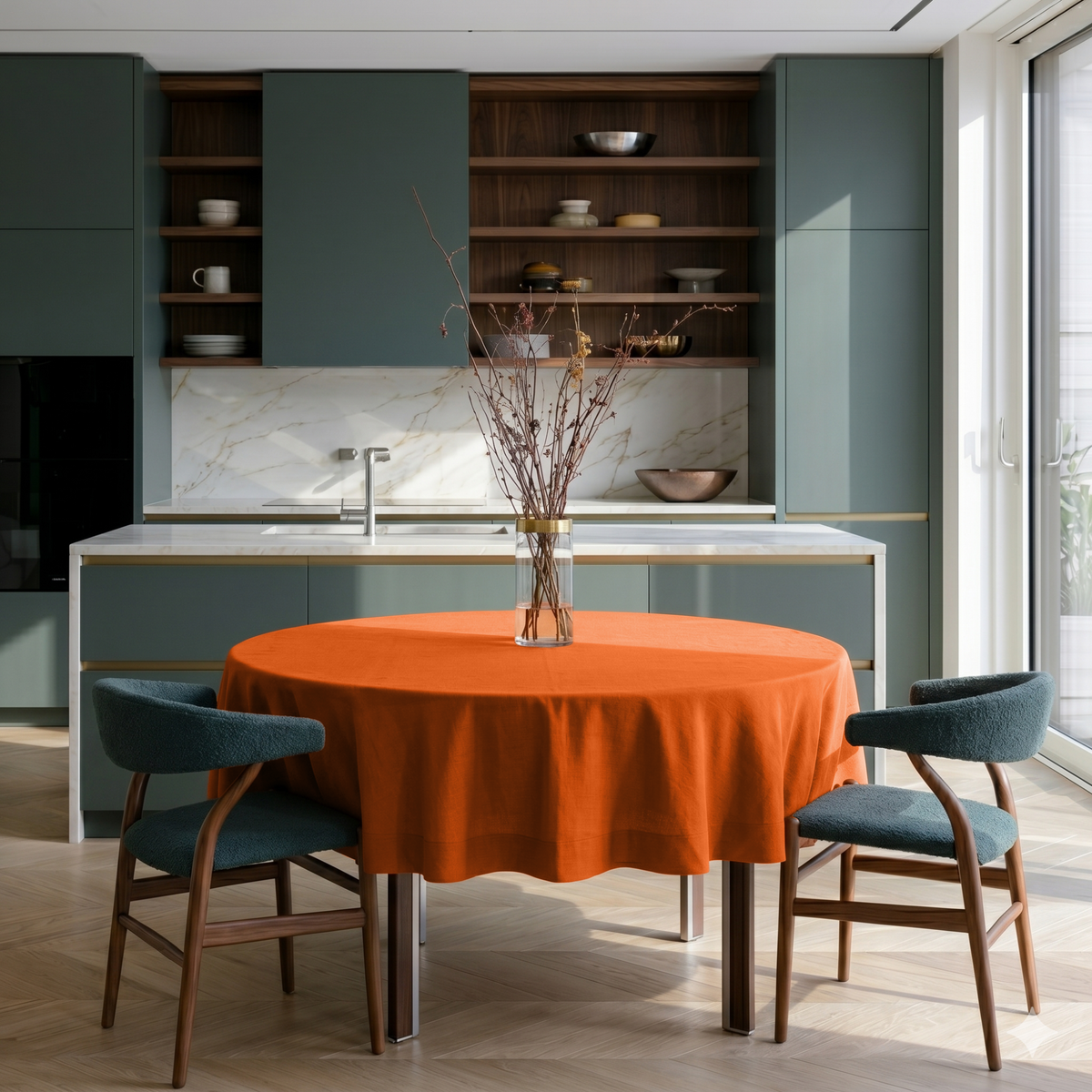 Burnt Orange Linen Round Tablecloth in a Contemporary Kitchen Dining Space with Sage Green Cabinetry and Teal Bouclé Chairs