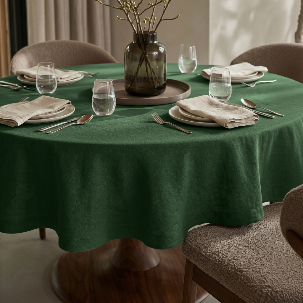 Forest Green Linen Round Tablecloth in a Soft Neutral Dining Room with Light Greige Walls and Taupe Upholstery