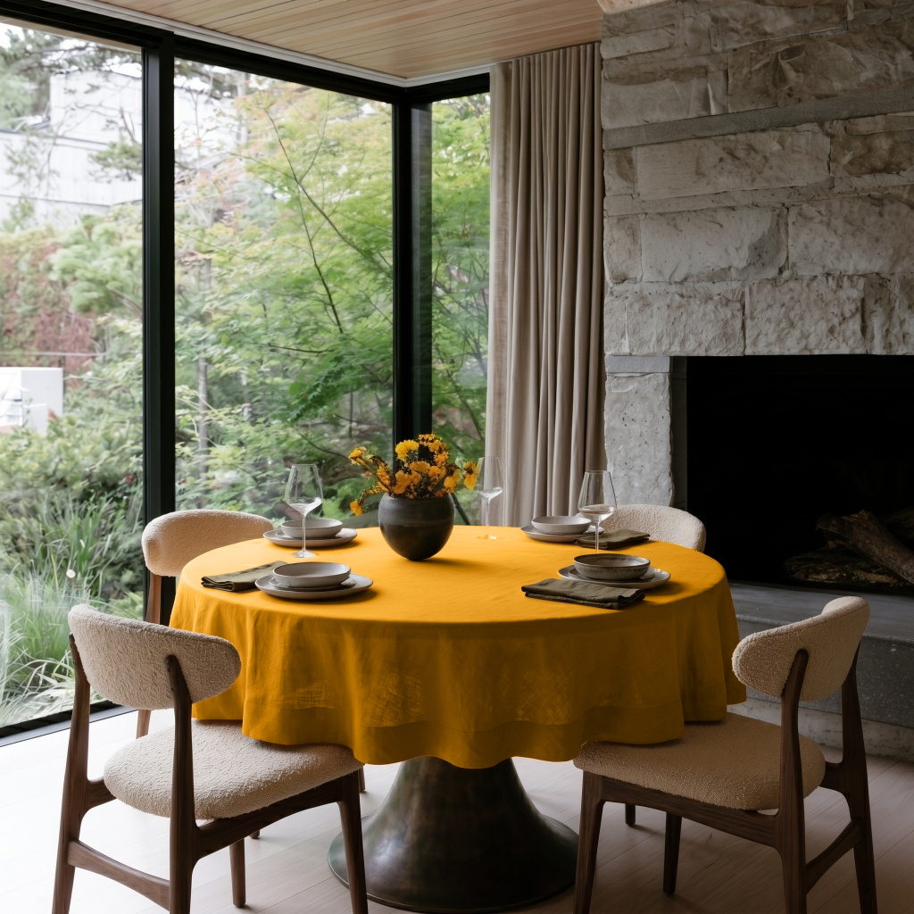 Mustard Yellow Linen Round Tablecloth in a Modern Dining Room with Stone Fireplace and Soft Neutral Bouclé Chairs