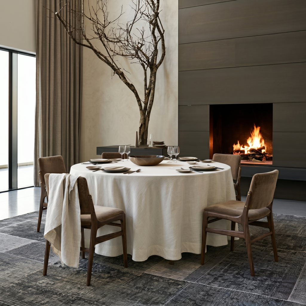 Off-White Linen Round Tablecloth in a Modern Dining Room with Fireplace and Warm Wood Accents