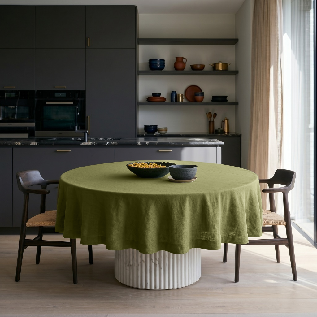 Olive Green Linen Round Tablecloth in a Modern Kitchen Dining Space with Soft Gray Walls and Charcoal Cabinetry