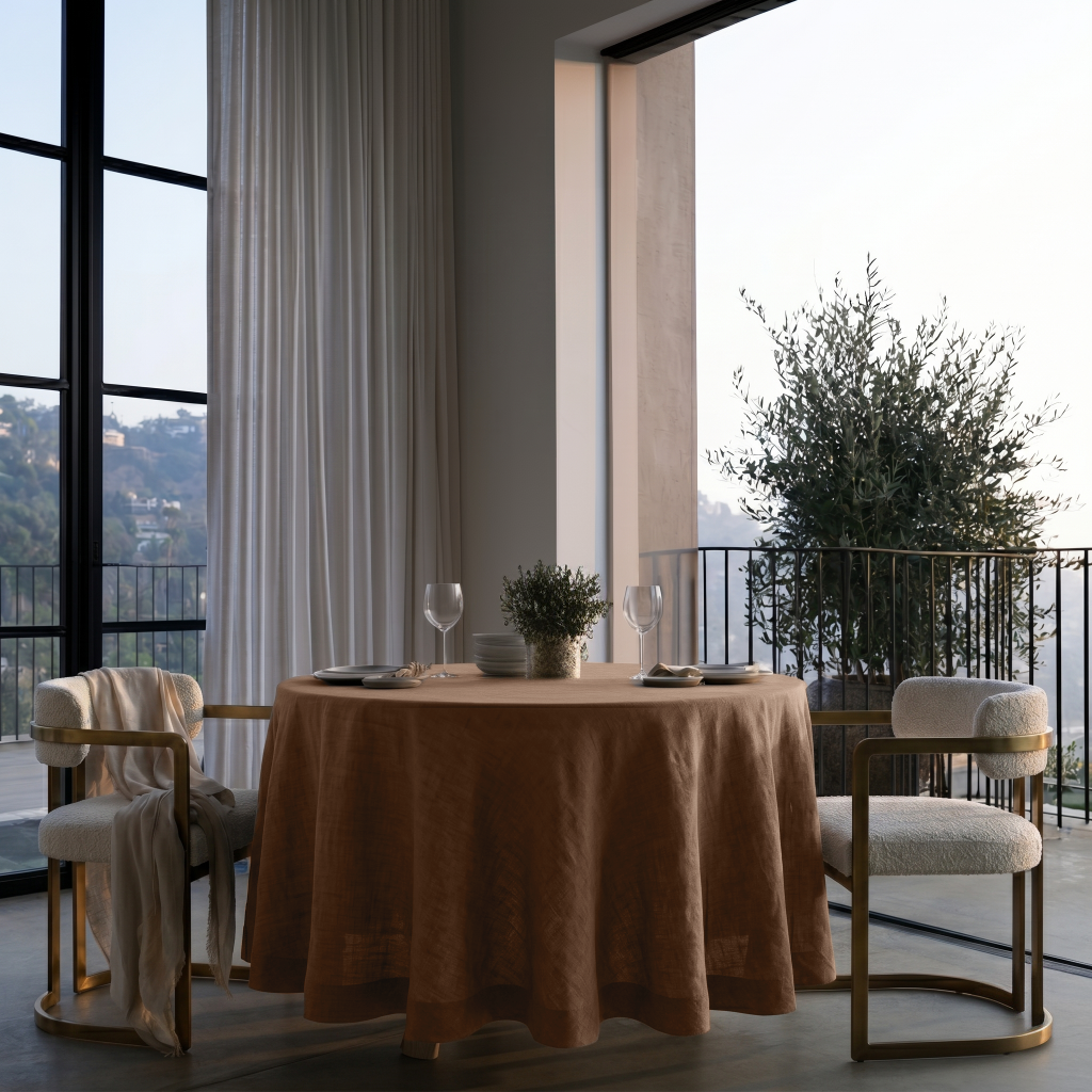 Tawny Brown Linen Round Tablecloth in an Airy Dining Room with Soft Greige Walls and Cream Bouclé Chairs