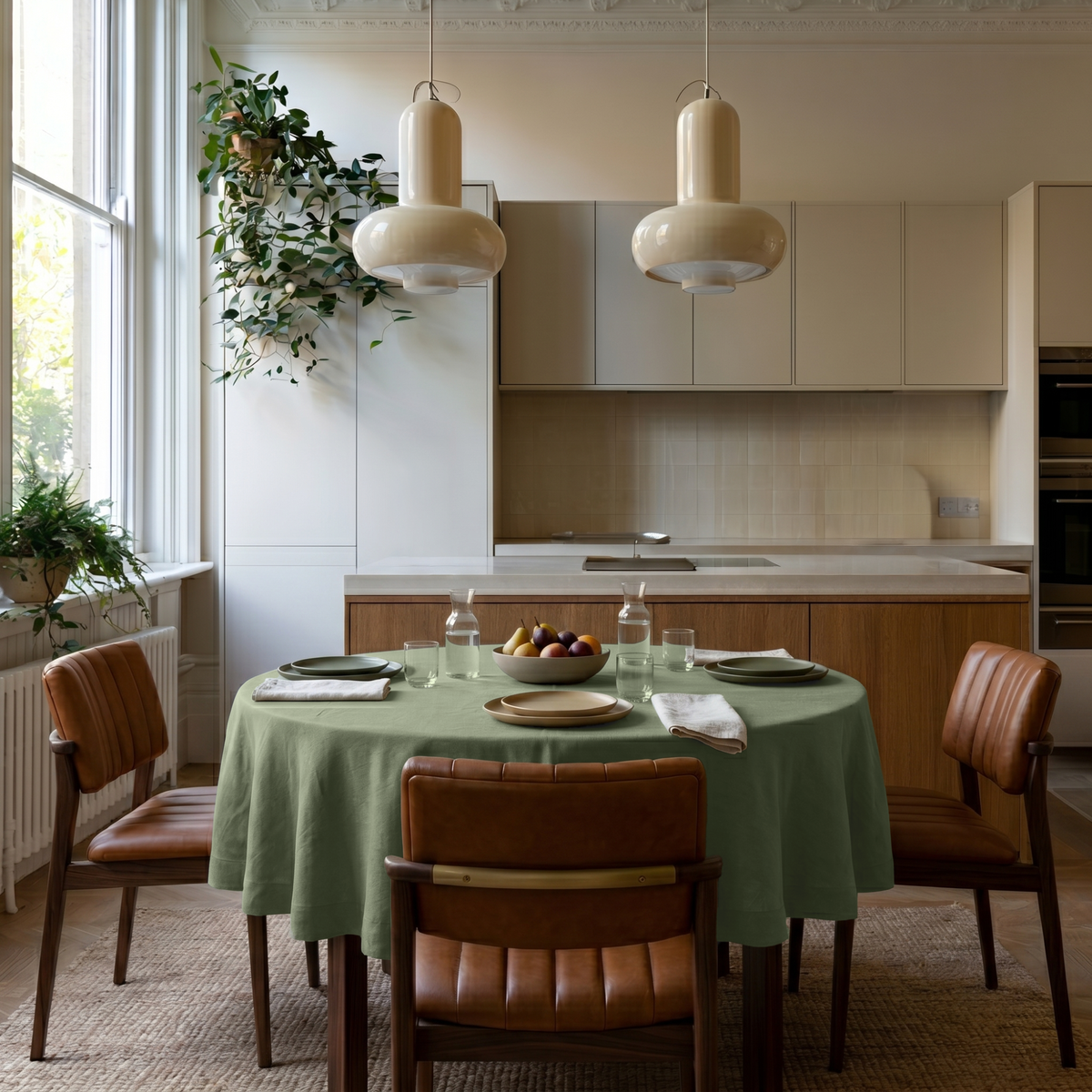 Asparagus Green Linen Round Tablecloth in a Bright Contemporary Kitchen with Warm Wood Cabinetry and Cream Accents