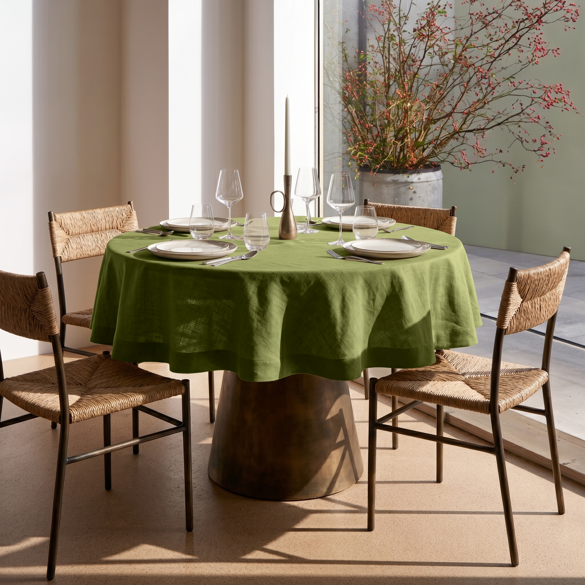 Moss Green Linen Round Tablecloth in a Sunlit Dining Room with Warm White Walls and Natural Woven Chairs